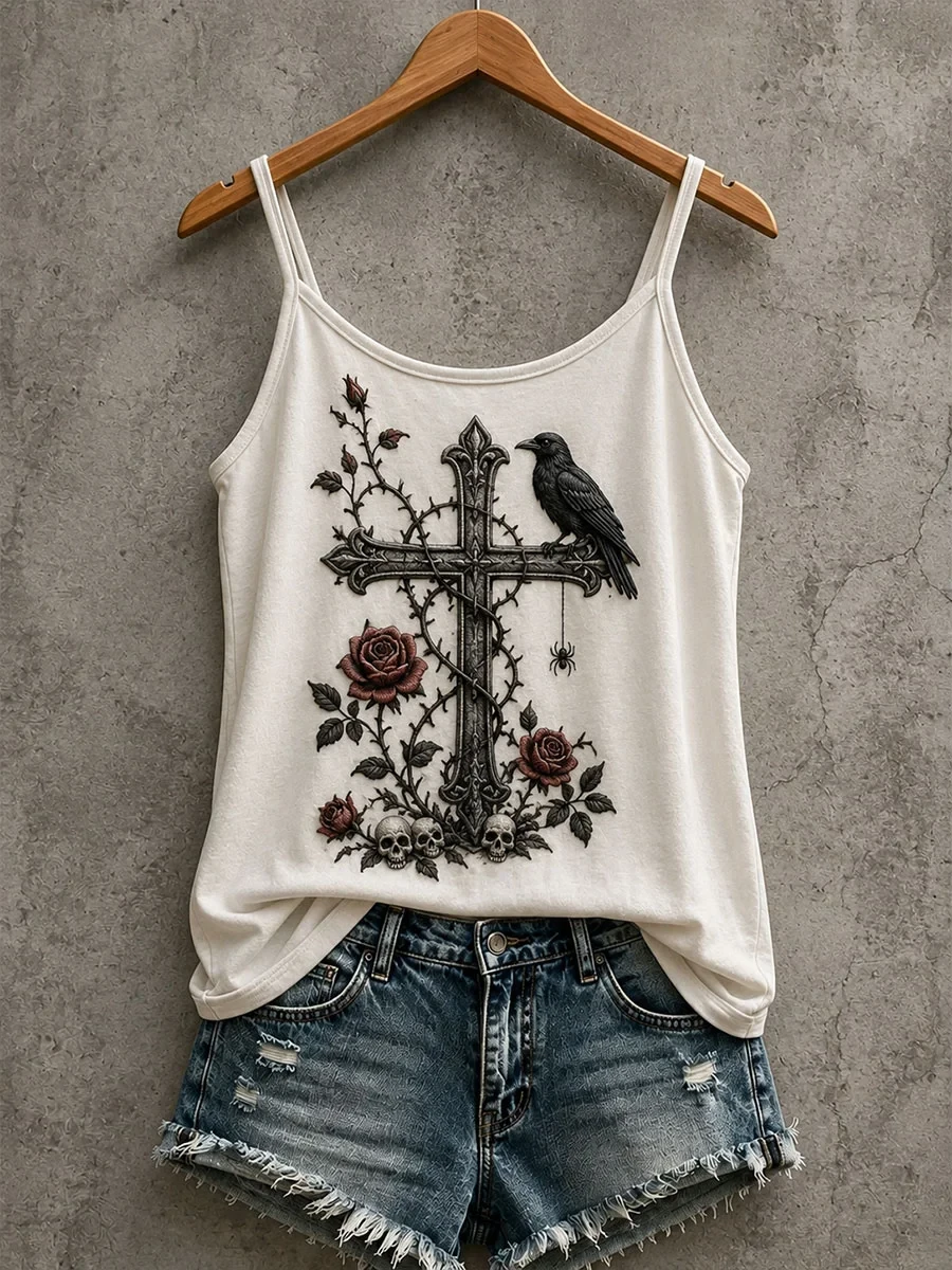 Cross Roses Skulls Tank Top Gothic Halloween Merch Perfect Halloween Clothing Ideas - Kdjoy
