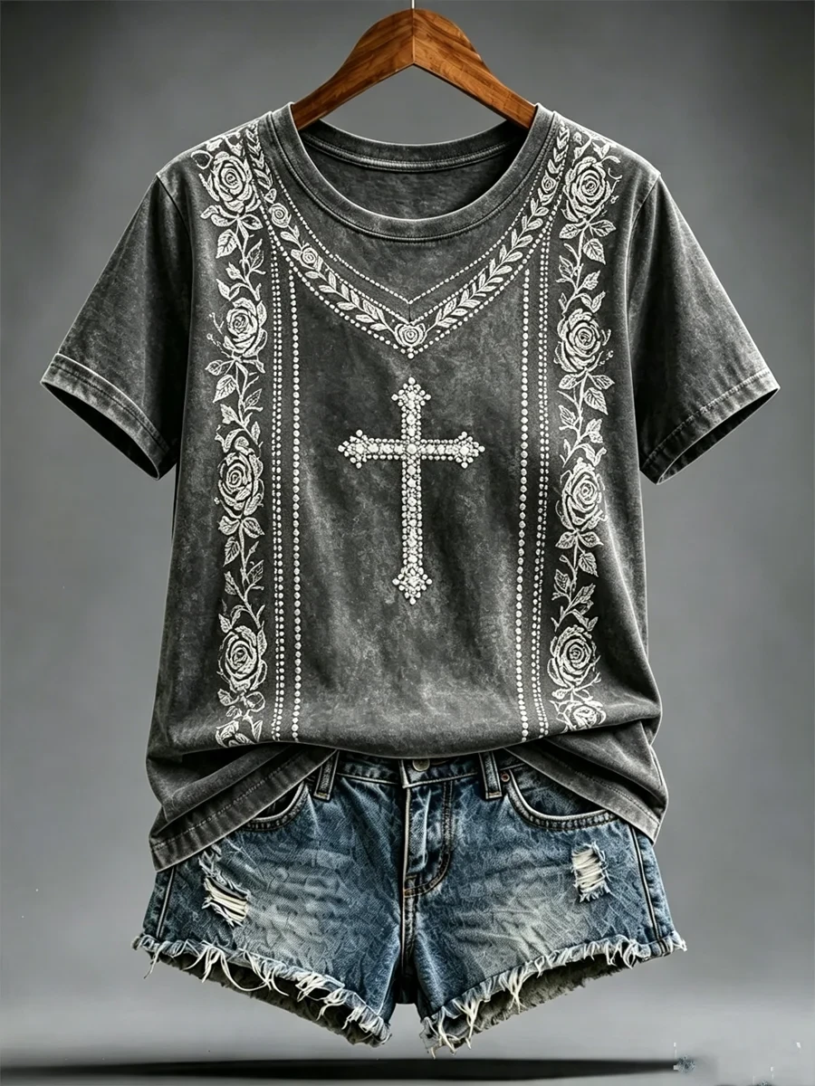 Cross With Roses T-Shirt Religious Floral Merch Gifts For Your Wife - Kdjoy