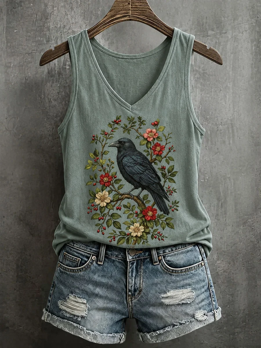 Crow Among Flowers Tank Top Nature Bird Clothing Best Women Halloween Outfit - Kdjoy