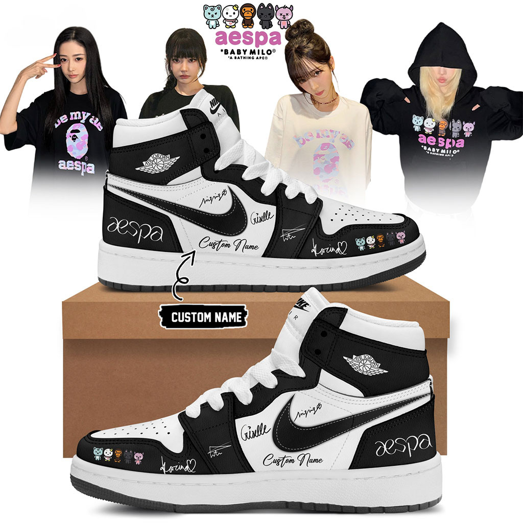 Custom Aespa x Bape Signed 2026 Sneakers Black Aespa Merch Birthday Gift Ideas For BFF - Kdjoy