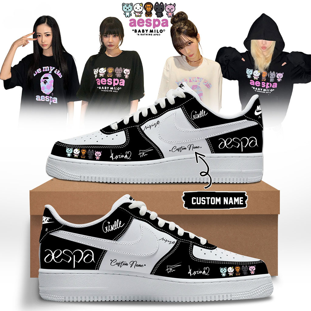 Custom Aespa x Bape Signed 2026 Sneakers Black Aespa Merch Gift Ideas For Fans - Kdjoy