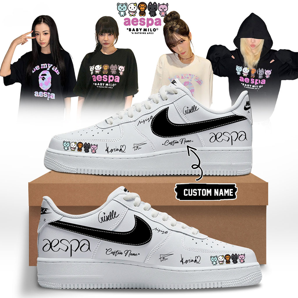 Custom Aespa x Bape Signed 2026 Sneakers White Aespa Merch Gift Ideas For Friends - Kdjoy