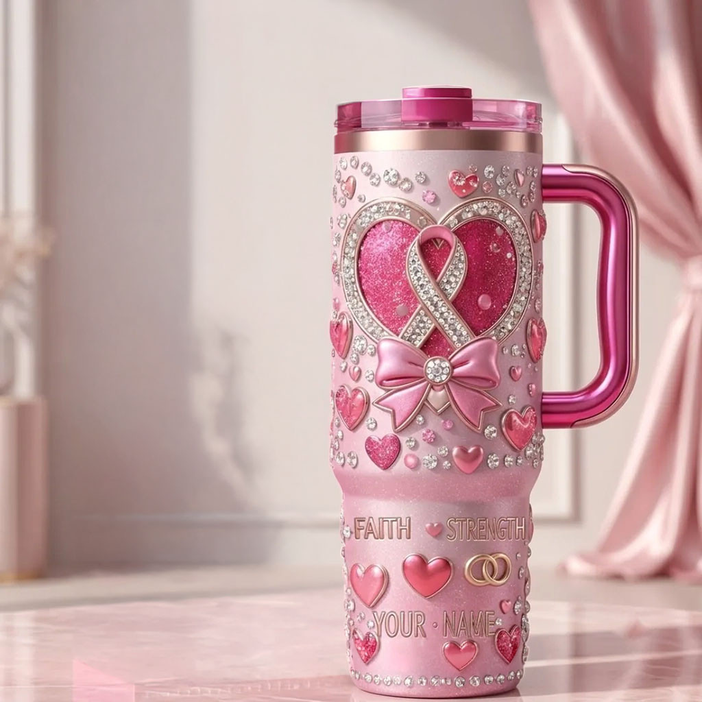 Custom Breast Cancer Awareness Stanley Tumbler Faith Strength Travel Cup Cancer Warrior Gifts - Kdjoy
