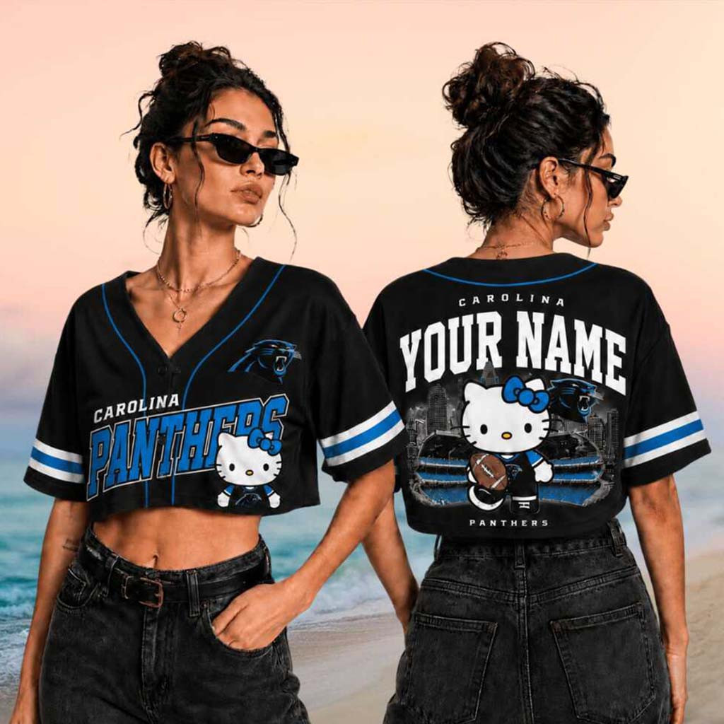 Custom Carolina Panthers x Hello Kitty Crop Baseball Jersey Panthers Merch Girlfriend Gifts - Kdjoy