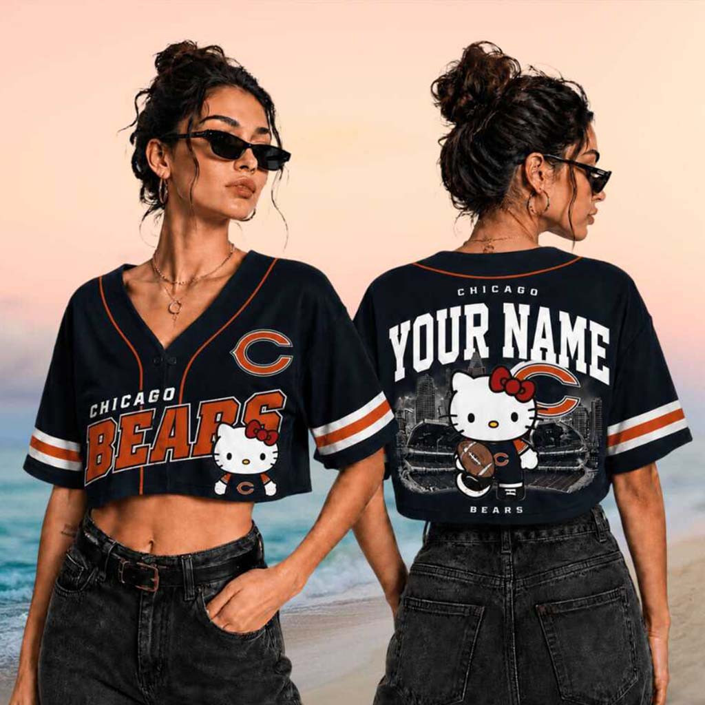 Custom Chicago Bears x Hello Kitty Crop Baseball Jersey Bears Merch Best Gifts For Football Fans - Kdjoy