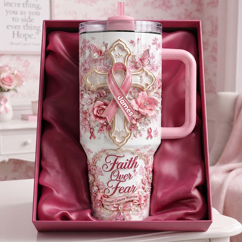 Custom God Be With His Pink Fighter Tumbler Faith Over Fear Gifts For Breast Cancer Warrior' - Kdjoy