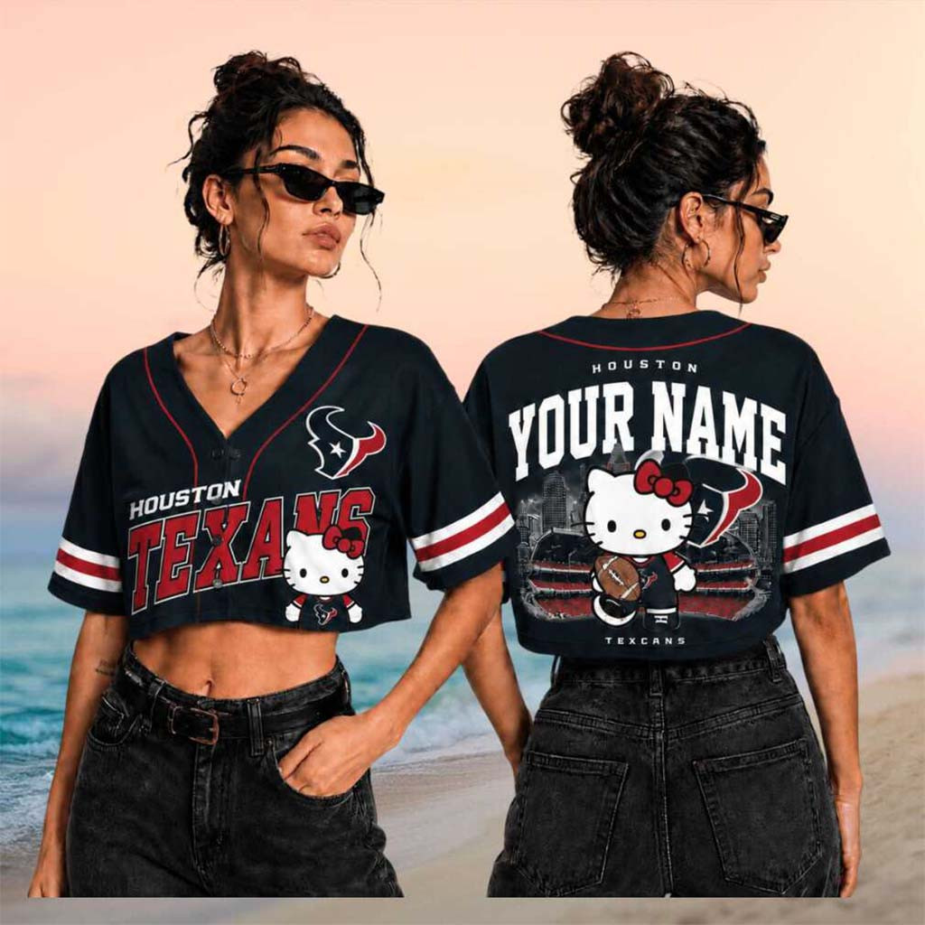 Custom Houston Texans x Hello Kitty Football Crop Baseball Jersey Texans Merch Sister Gifts - Kdjoy