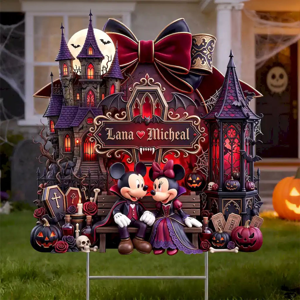 Custom Mickey And Minnie Mouse Romance Halloween Yard Sign Garden Decor Gift For Couples - Kdjoy