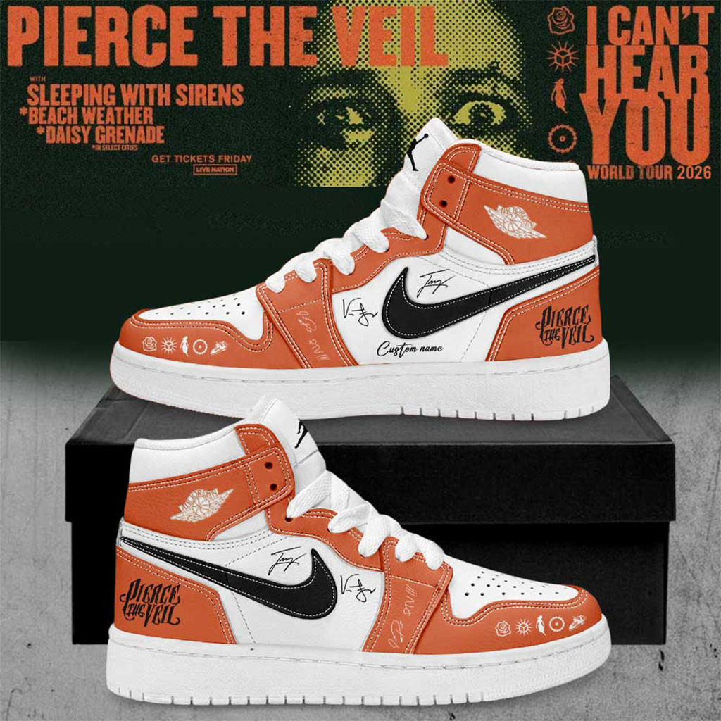 Custom Pierce The Veil Merch I Can't Hear You World Tour 2026 Signature Shoes Orange White - Kdjoy Custom Pierce The Veil Merch I Can't Hear You World Tour 2026 Signature Shoes Orange White - Kdjoy