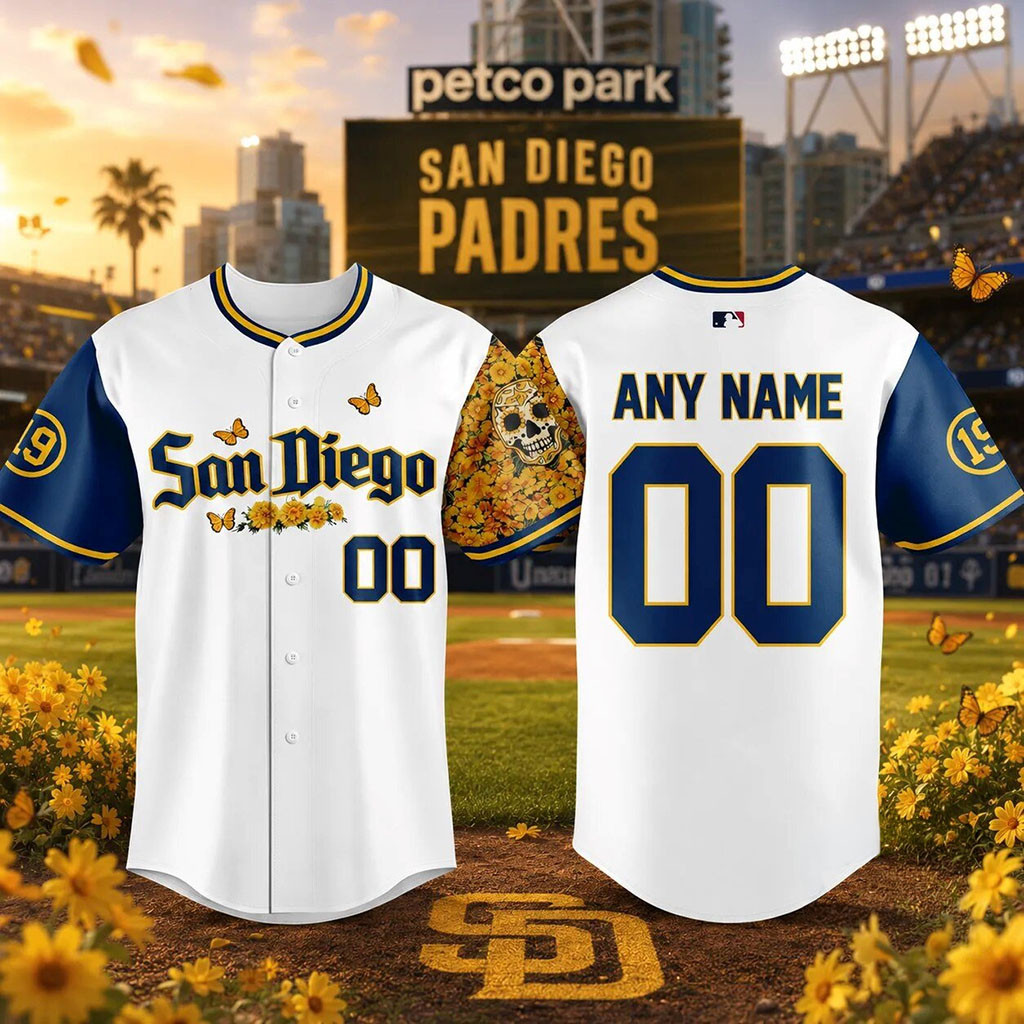 Custom San Diego Padres Sugar Skull Butterfly Baseball Jersey Padres Merch Gifts For Fans - Kdjoy