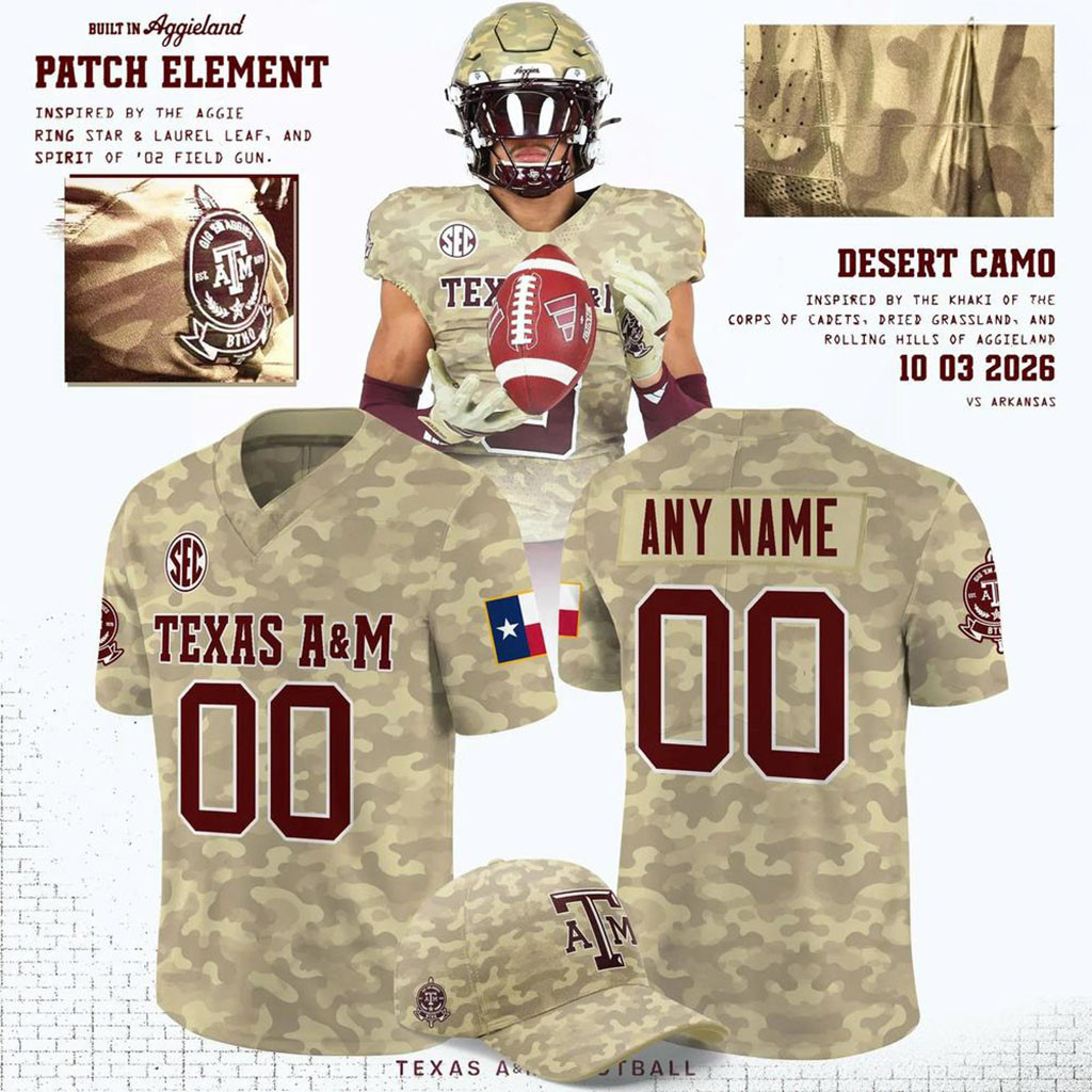 Custom Texas A&M Aggies 2026 Honor and Support Desert Camo Football Jersey Aggies Merch - Kdjoy