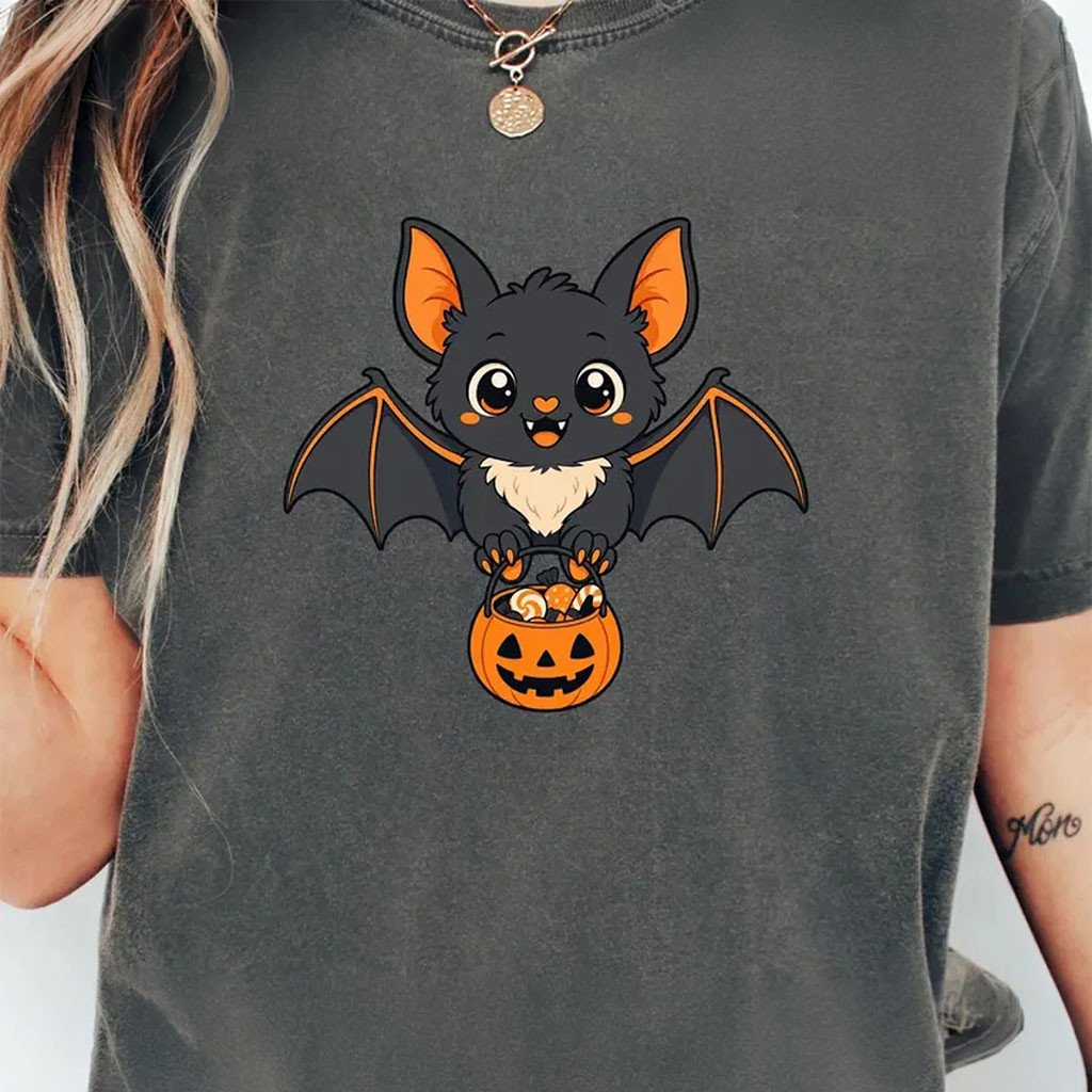 Cute Bat With Candy Bucket Shirt Trick Or Treat Shirt Kawaii Bat Gift For Halloween - Kdjoy