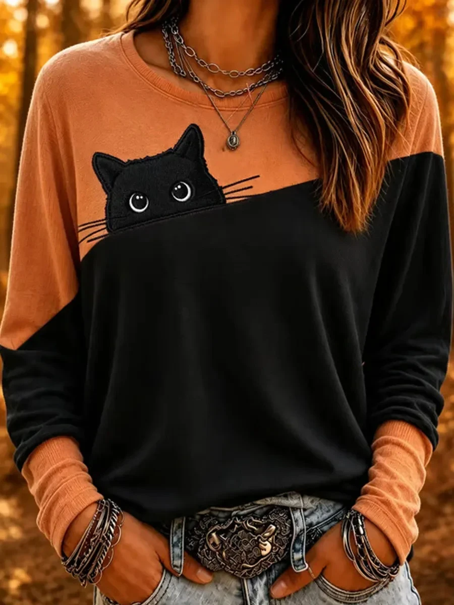 Cute Black Cat Peeking Pocket Sweatshirt Halloween Spooky Merch Gift For Her - Kdjoy