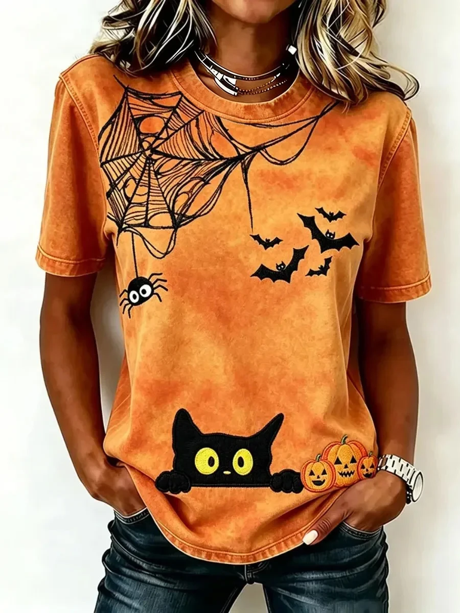 Cute Black Cat Spider Web Halloween T-Shirt Halloween Spooky Tee Birthday Presents For Women - Kdjoy