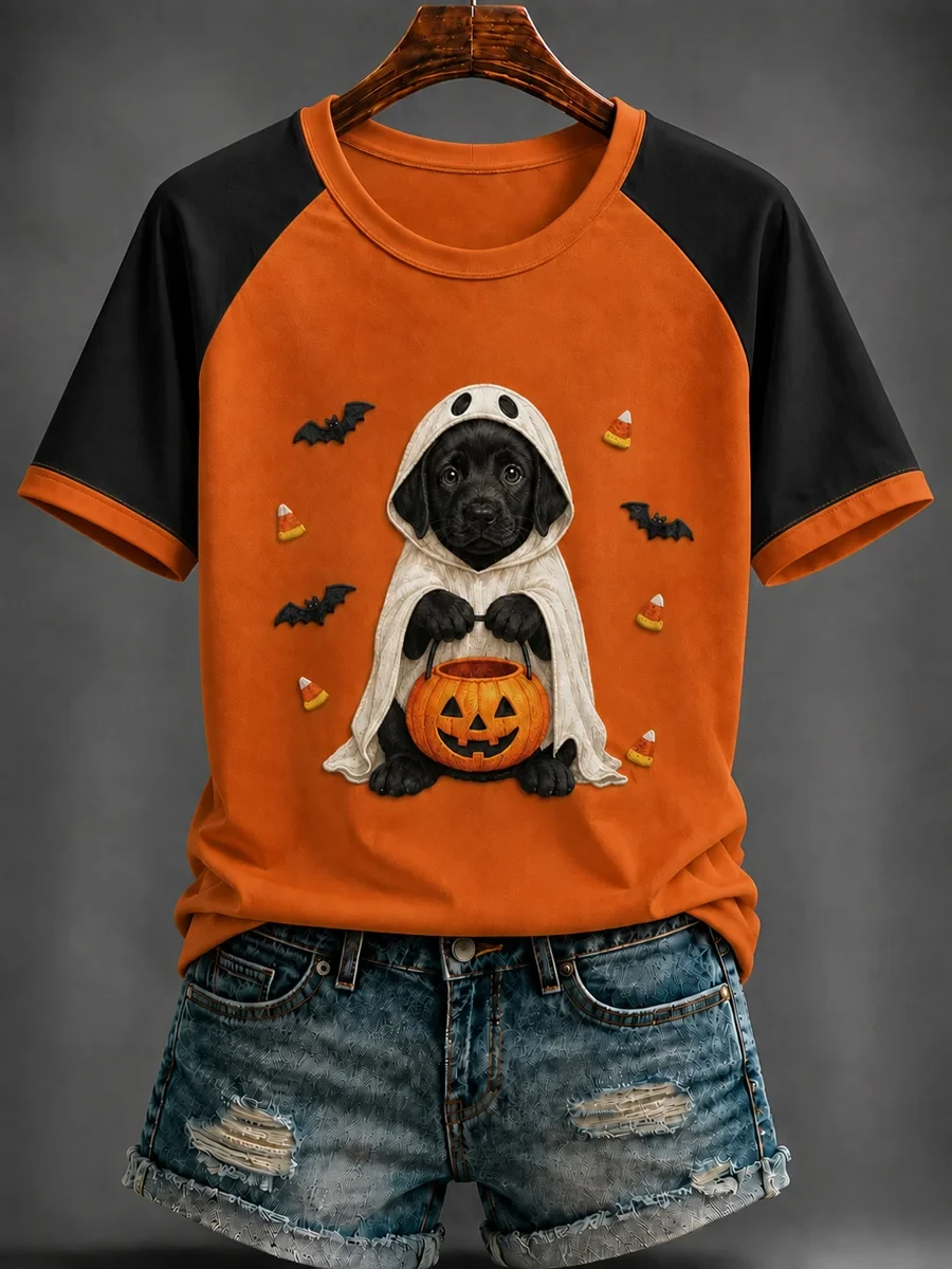 Cute Black Dog In Ghost Costume Holding Pumpkin T-Shirt Halloween Dog Shirt Presents For Women - Kdjoy