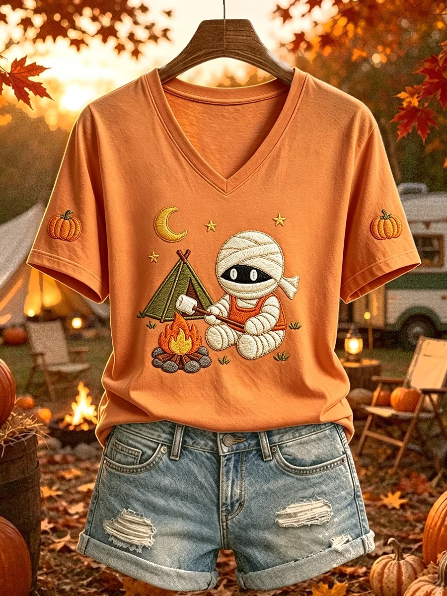 Cute Camping Mummy Print V-Neck Shirt Autumn Fall Outfit Adorable Halloween Gifts - Kdjoy