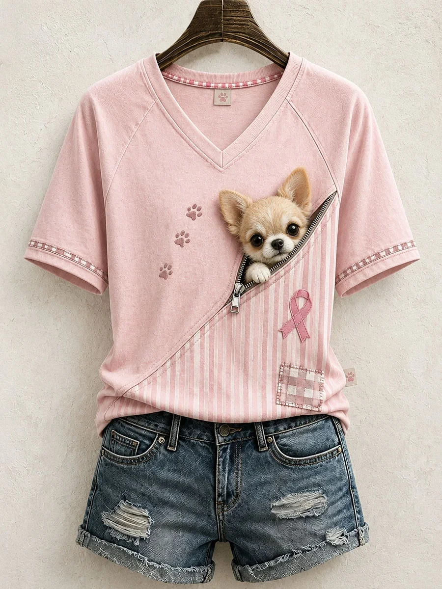Cute Chihuahua Breast Cancer Awareness V-Neck Shirt Cute Patchwork Shirts Gift For Dog Lovers - Kdjoy Cute Chihuahua Breast Cancer Awareness V-Neck Shirt Cute Patchwork Shirts Gift For Dog Lovers - Kdjoy