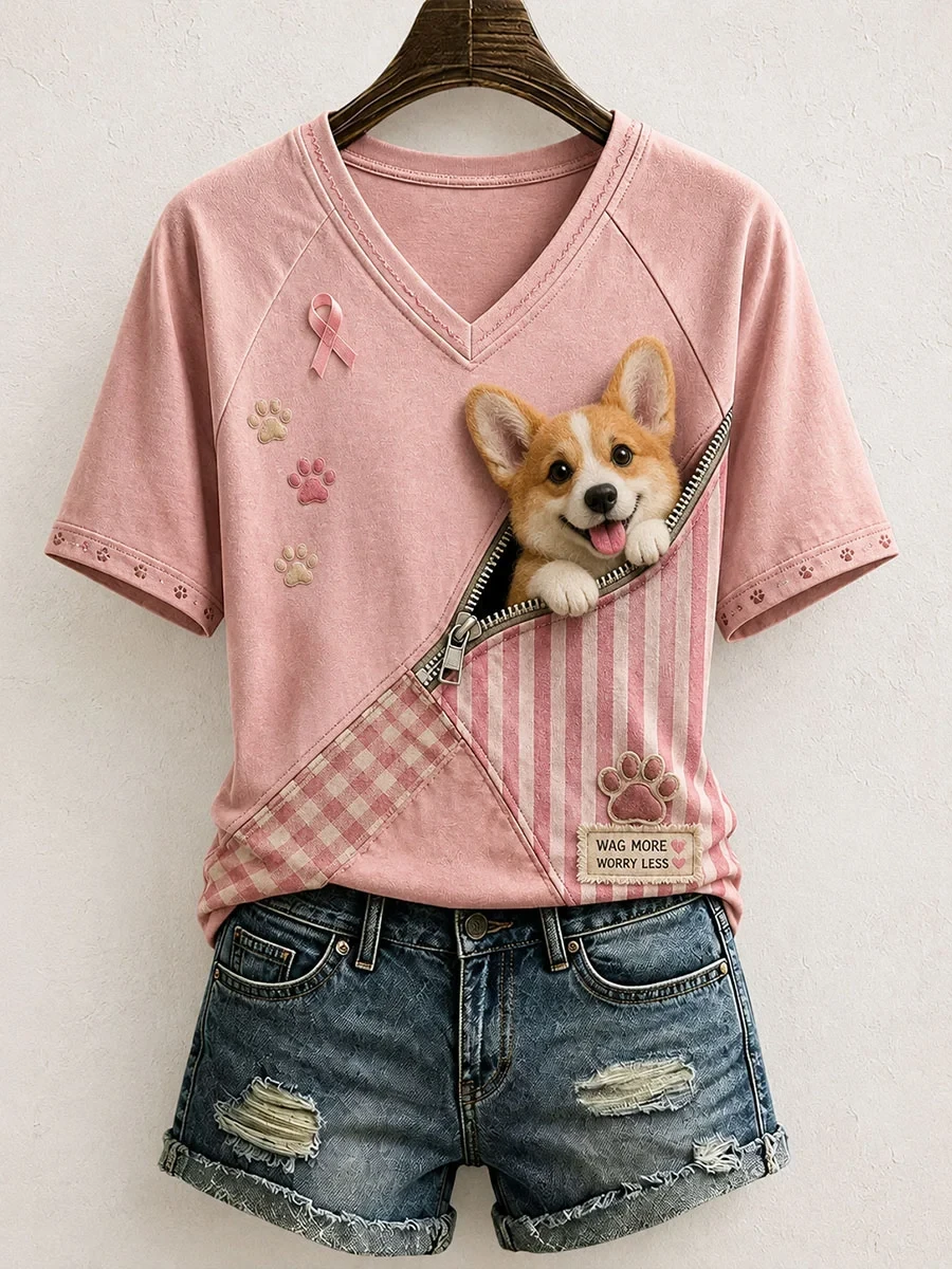 Cute Corgi Pattern Patchwork Art V-Neck Shirt Wag More Worry Less Shirts Gift For Corgi Mom - Kdjoy