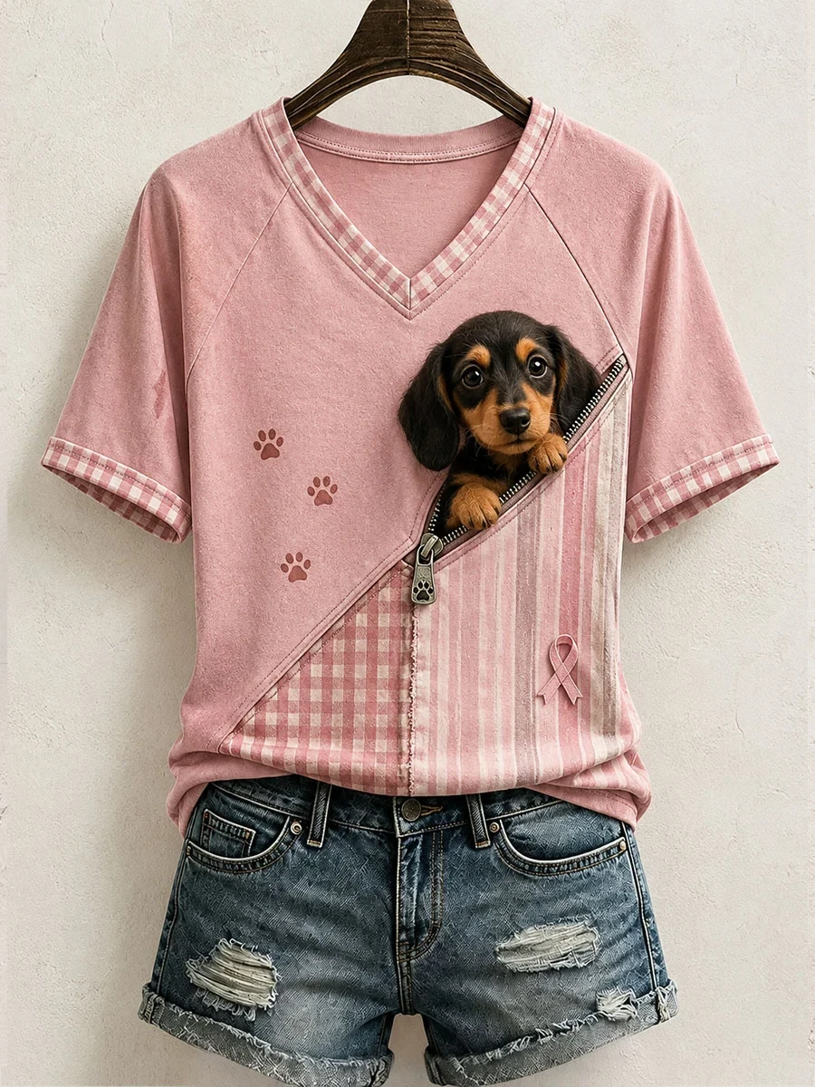 Cute Dachshund Pattern Patchwork Art V-Neck T-Shirt Breast Cancer Awareness Merch For Dog Mom - Kdjoy