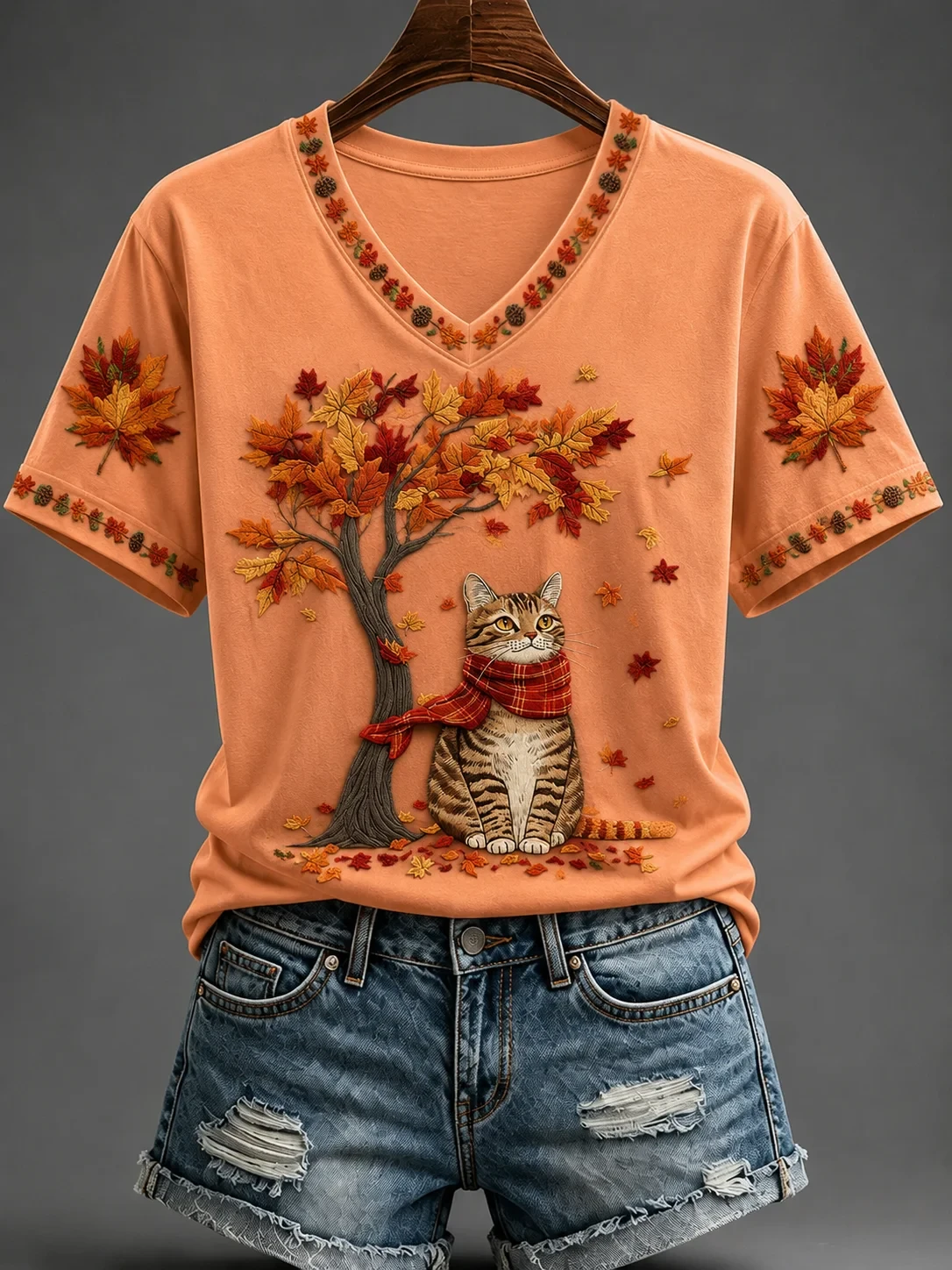 Cute Fall Cat V-Neck Shirt Autumn Leaves Shirt Adorable Kitten Clothing Gift For Cat Mom - Kdjoy