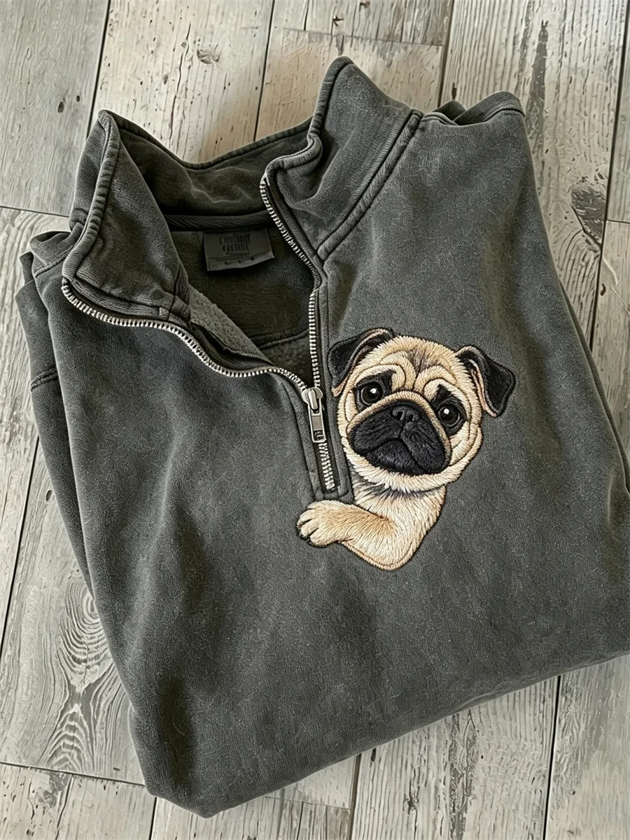 Cute Fawn Pug Dog Half Zip Sweatshirt Peeking Puppy Apparel Gift For Her - Kdjoy