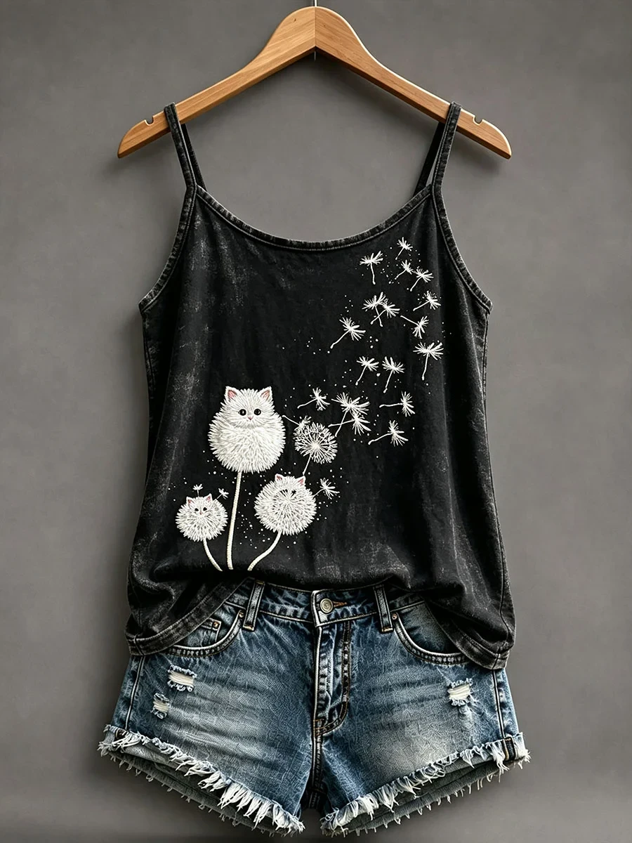 Cute Fluffy Cat Dandelion Tank Top Cat Lover Apparel Gift For Her - Kdjoy