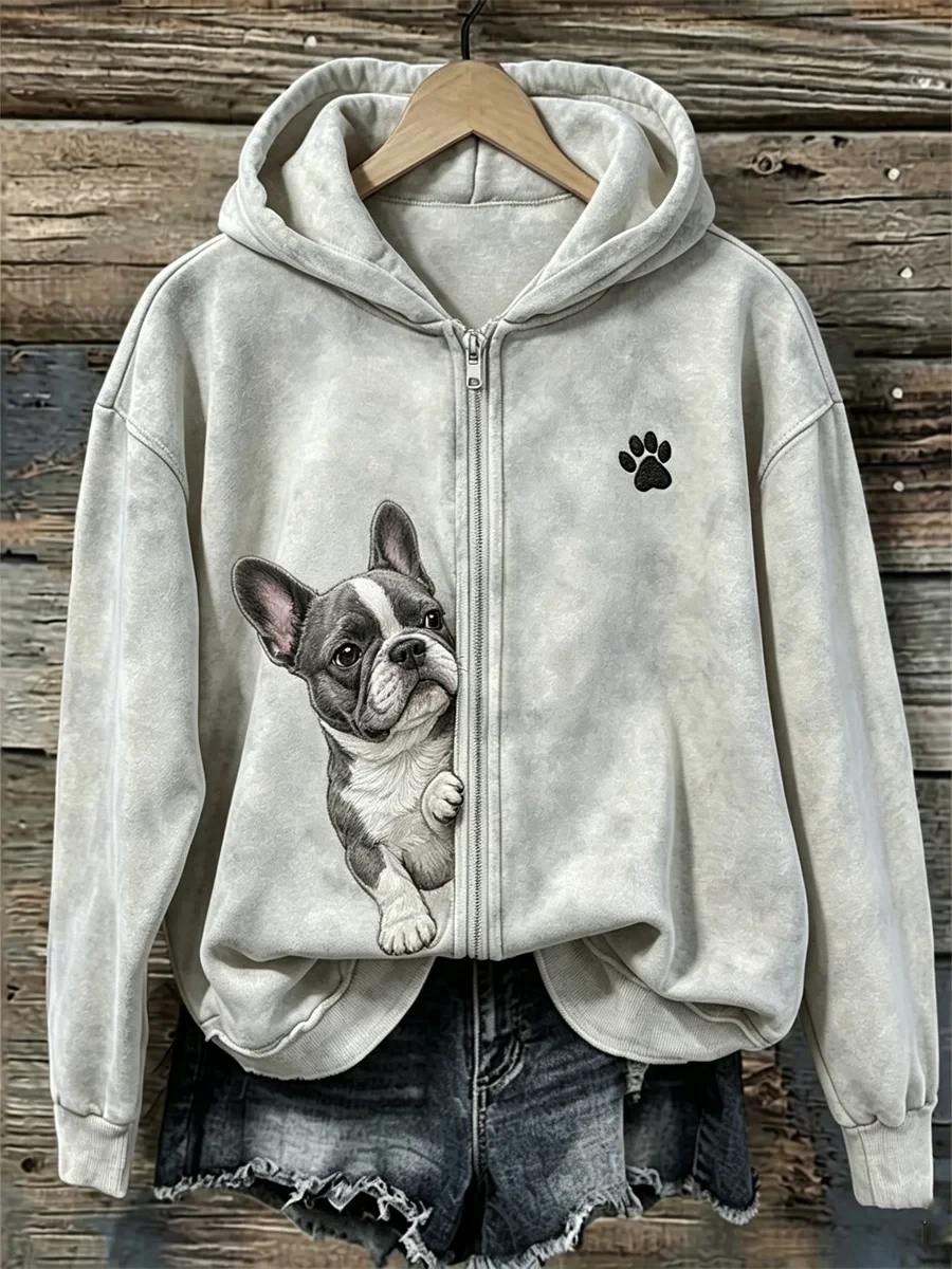 Cute French Bulldog Puppy Zip Hoodie Dog Paw Apparel Gift For Her - Kdjoy