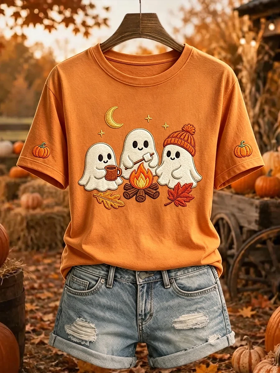 Cute Ghost Campfire T-Shirt Halloween Outfits Autumn Gift For Camping Lovers - Kdjoy