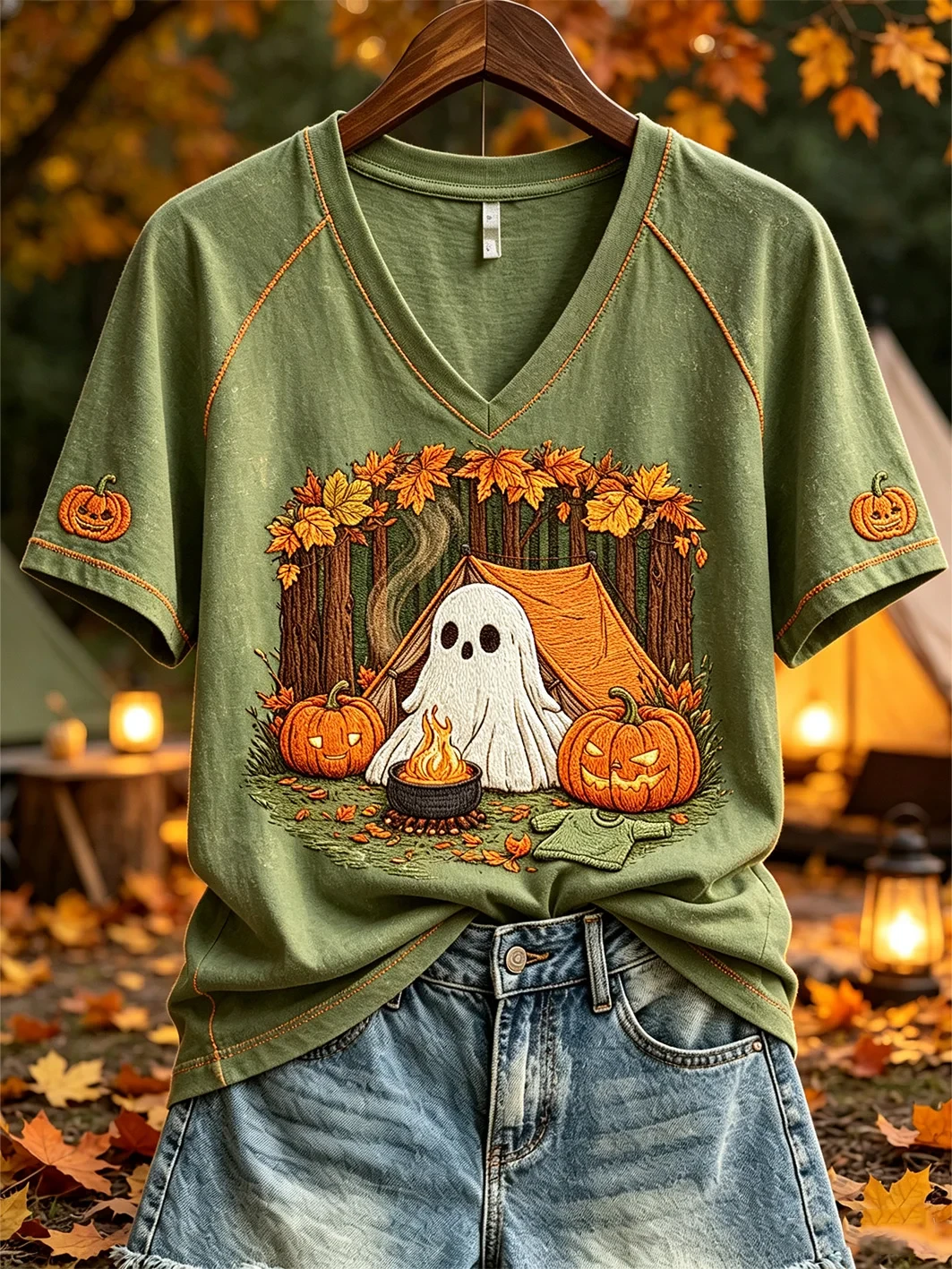 Cute Ghost Camping Pattern V-Neck Shirt Halloween Inspired Clothing Gift For Campers - Kdjoy