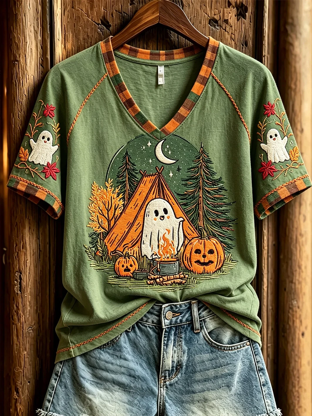 Cute Ghost Camping V-Neck Shirt Trendy Autumn Outfits Halloween Gift Ideas - Kdjoy Cute Ghost Camping V-Neck Shirt Trendy Autumn Outfits Halloween Gift Ideas - Kdjoy