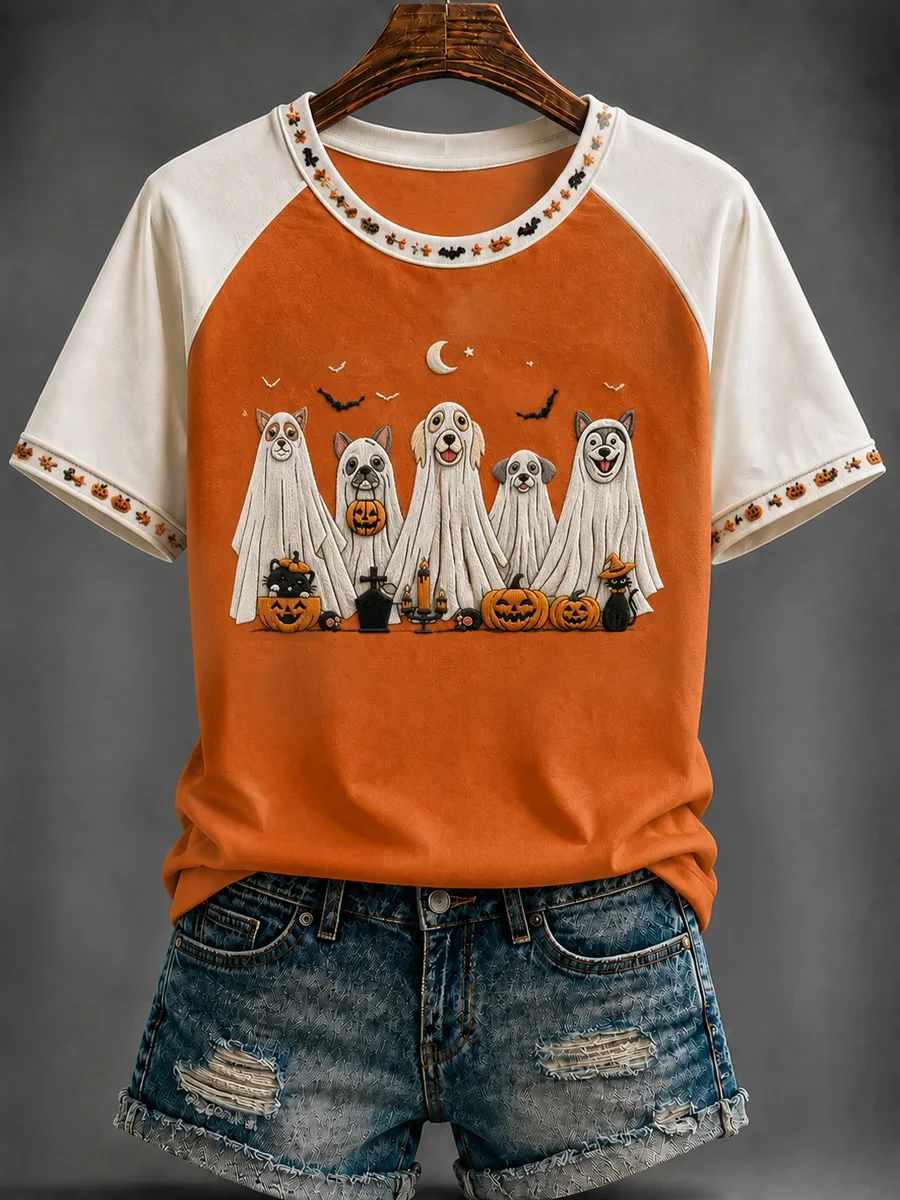 Cute Ghost Dogs Halloween Pumpkin T-Shirt Halloween Spooky Merch Present For Women - Kdjoy