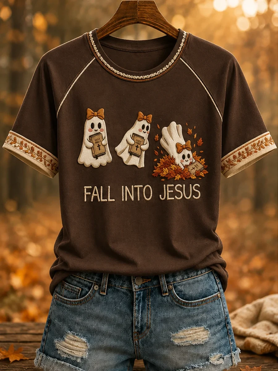 Cute Ghost Fall In To Jesus T-Shirt Autumn Outfits Christian Apparel Gift For Halloween - Kdjoy