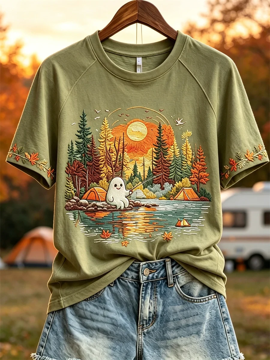 Cute Ghost Fishing Fall Camping T-Shirt Autumn Halloween Shirt Halloween Gifts - Kdjoy