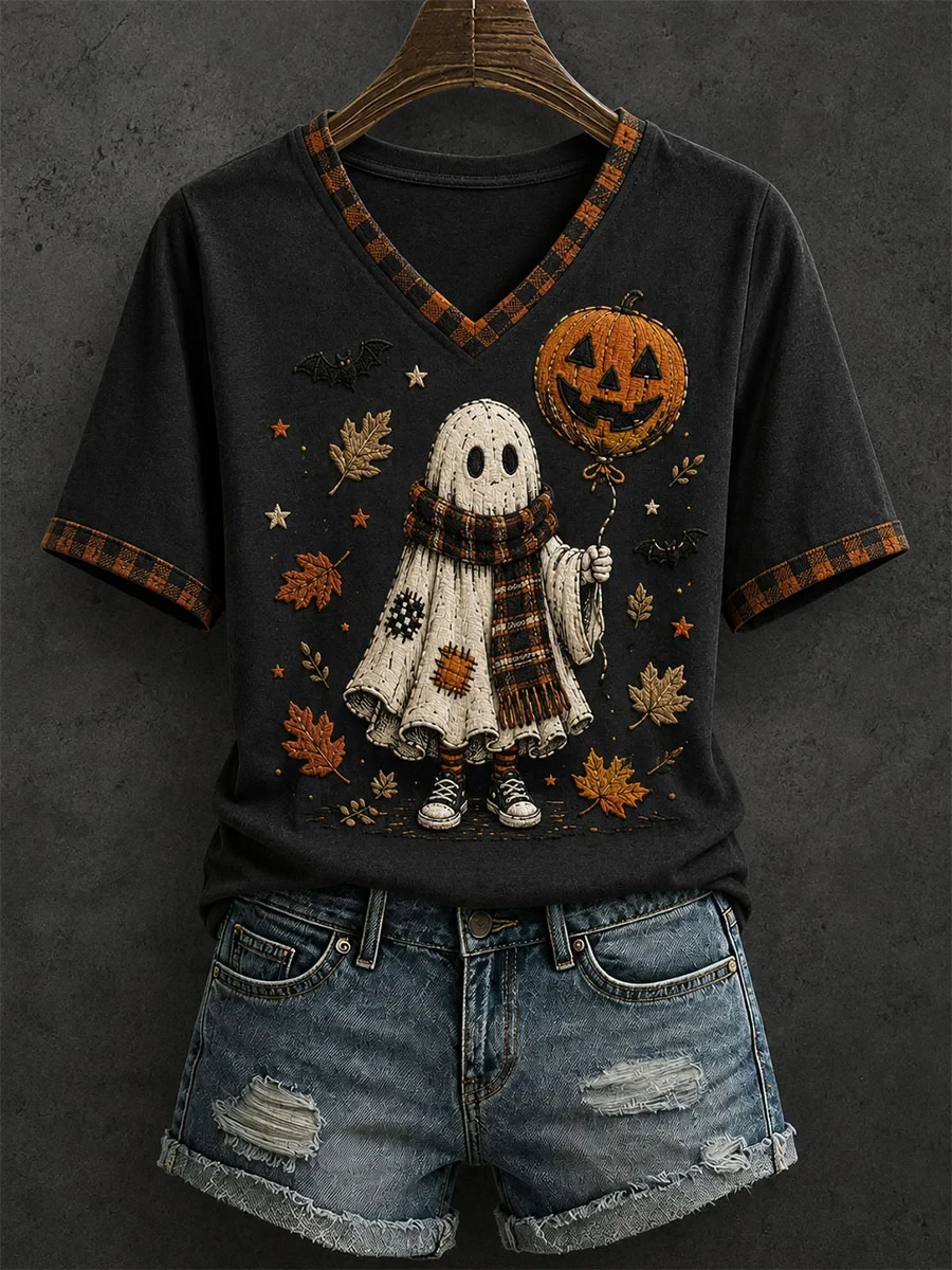 Cute Ghost Halloween V-Neck Shirt Plaid Ghost Pumpkin Tee Halloween Gifts For Teens - Kdjoy
