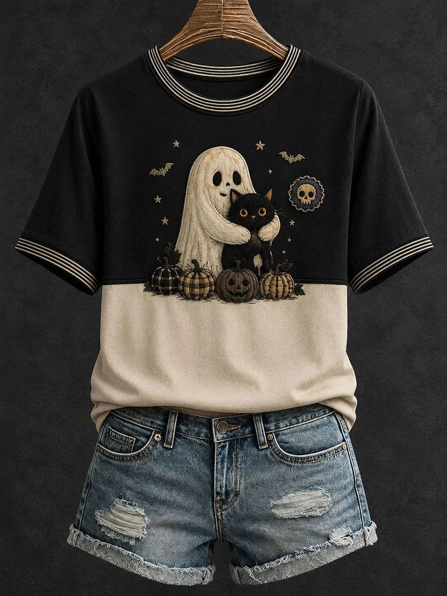 Cute Ghost Hug Black Cat T-Shirt Halloween Outfits Gift For Cat Lovers - Kdjoy