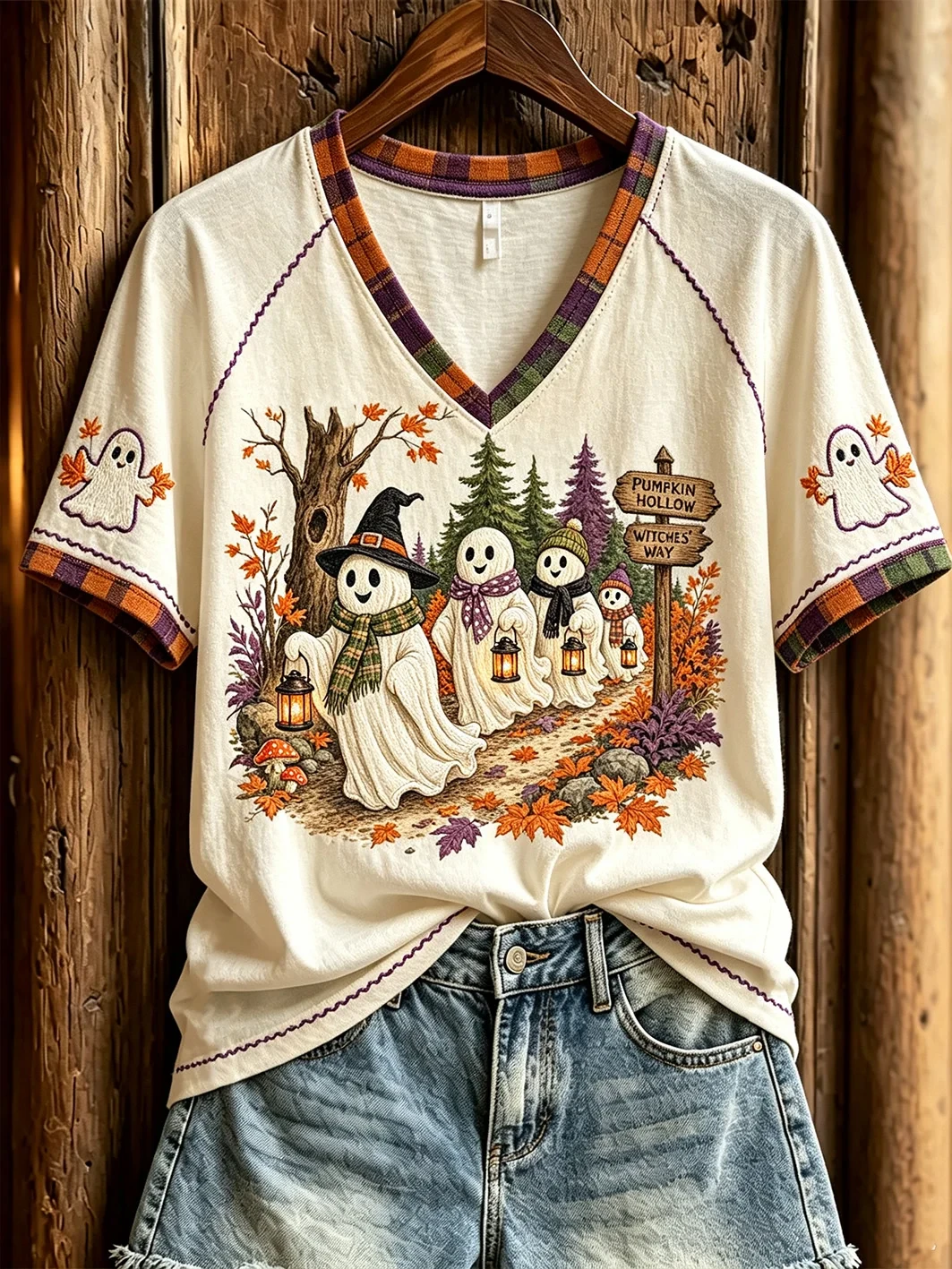 Cute Ghost Pumpkin Hollow V-Neck Shirt Cute Autumn Fall Clothes Halloween Gifts For Her - Kdjoy