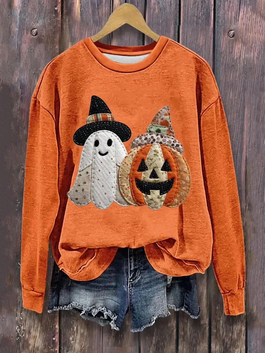 Cute Ghost Pumpkin Sweatshirt Halloween Spooky Clothing New Halloween Outfit Ideas - Kdjoy
