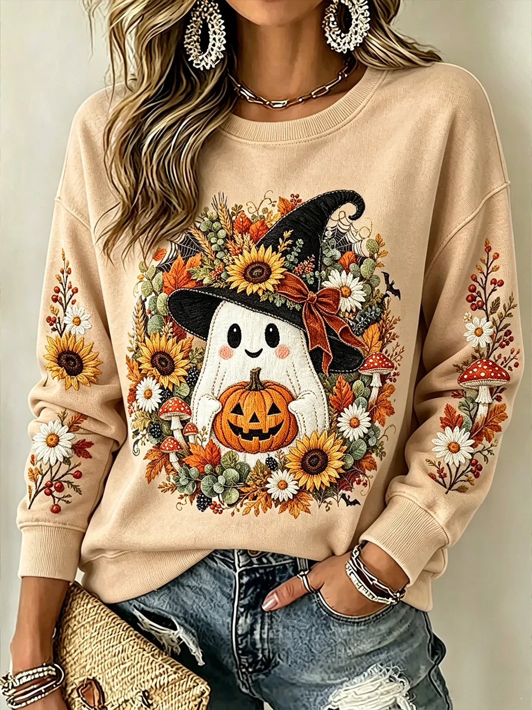 Cute Ghost Pumpkin Witch Hat Sweatshirt Halloween Autumn Merch Useful Gift - Kdjoy
