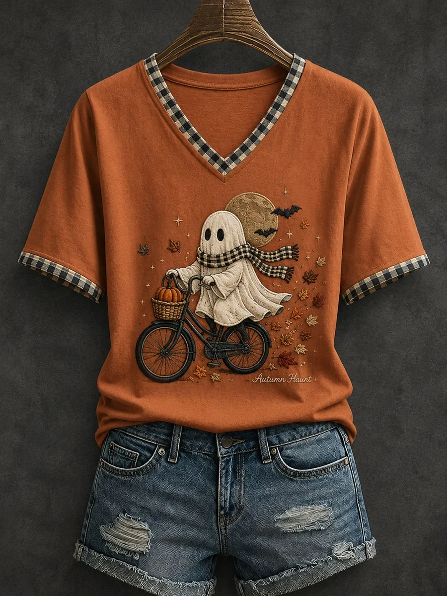 Cute Ghost Riding Bicycle V-Neck Shirt Autumn Haunt Shirt Adorable Gift For Halloween - Kdjoy