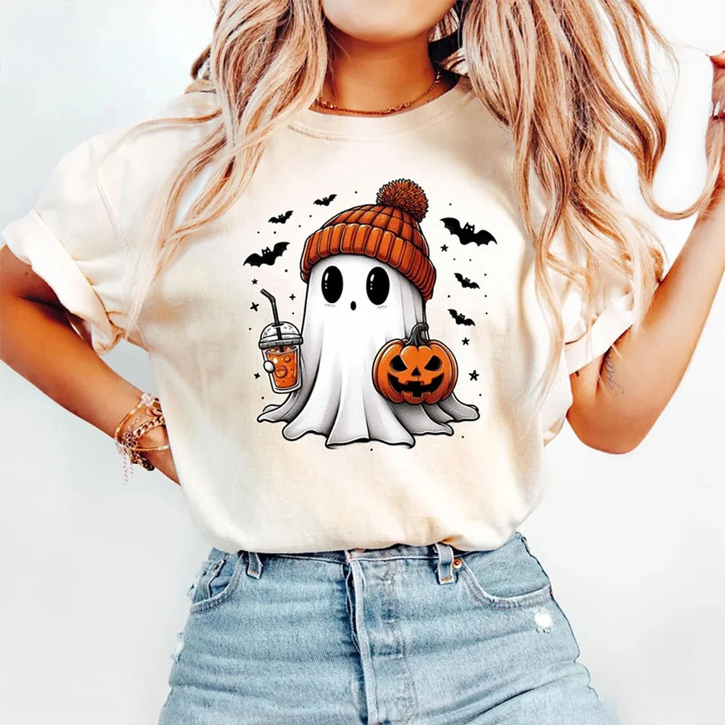 Cute Ghost With Iced Coffee T-Shirt Pumpkin Halloween Shirt Adorable Gift For Her - Kdjoy