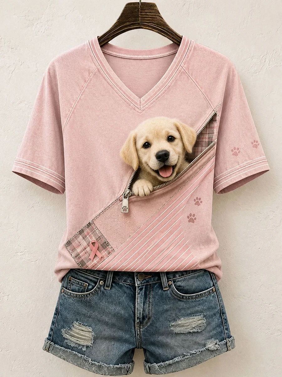 Cute Golden Retriever Breast Cancer Awareness V-Neck Shirt Present For Dog Lovers - Kdjoy