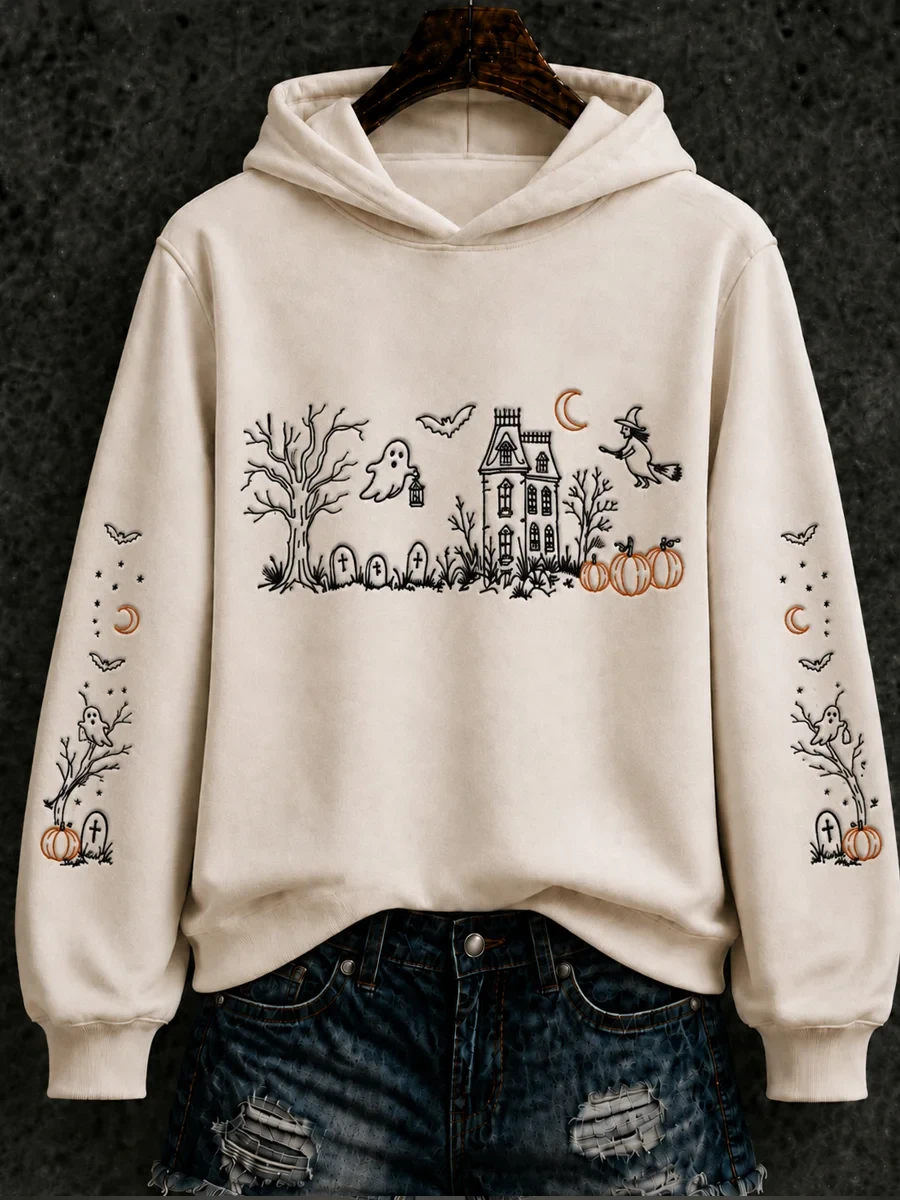 Cute Halloween Haunted House Hoodie Cozy Cream Spooky Ghost Pumpkin Clothing Gifts For Her