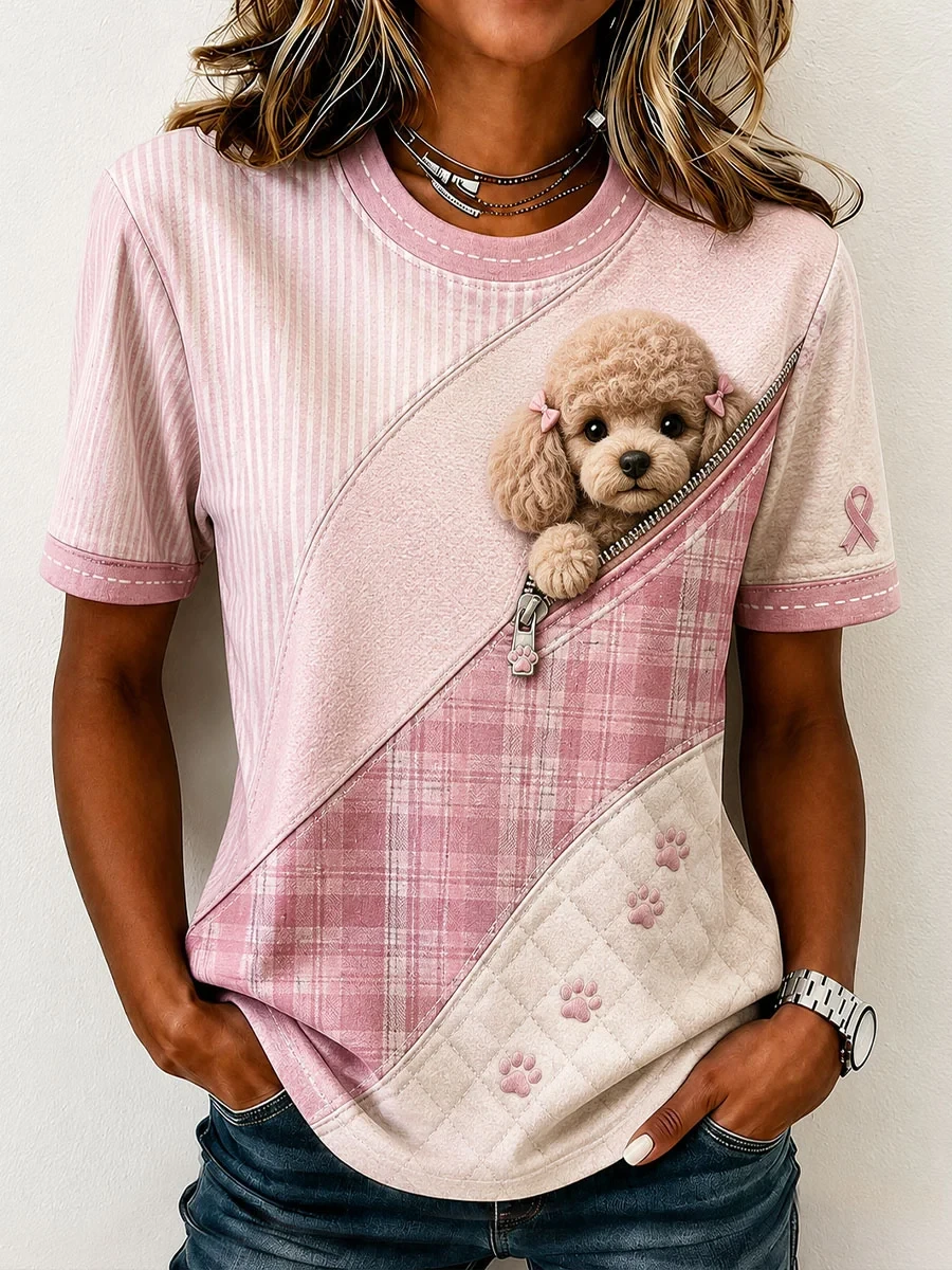 Cute Poodle Breast Cancer Awareness Pattern Patchwork Art T-Shirt Gift For Poodle Lovers - Kdjoy
