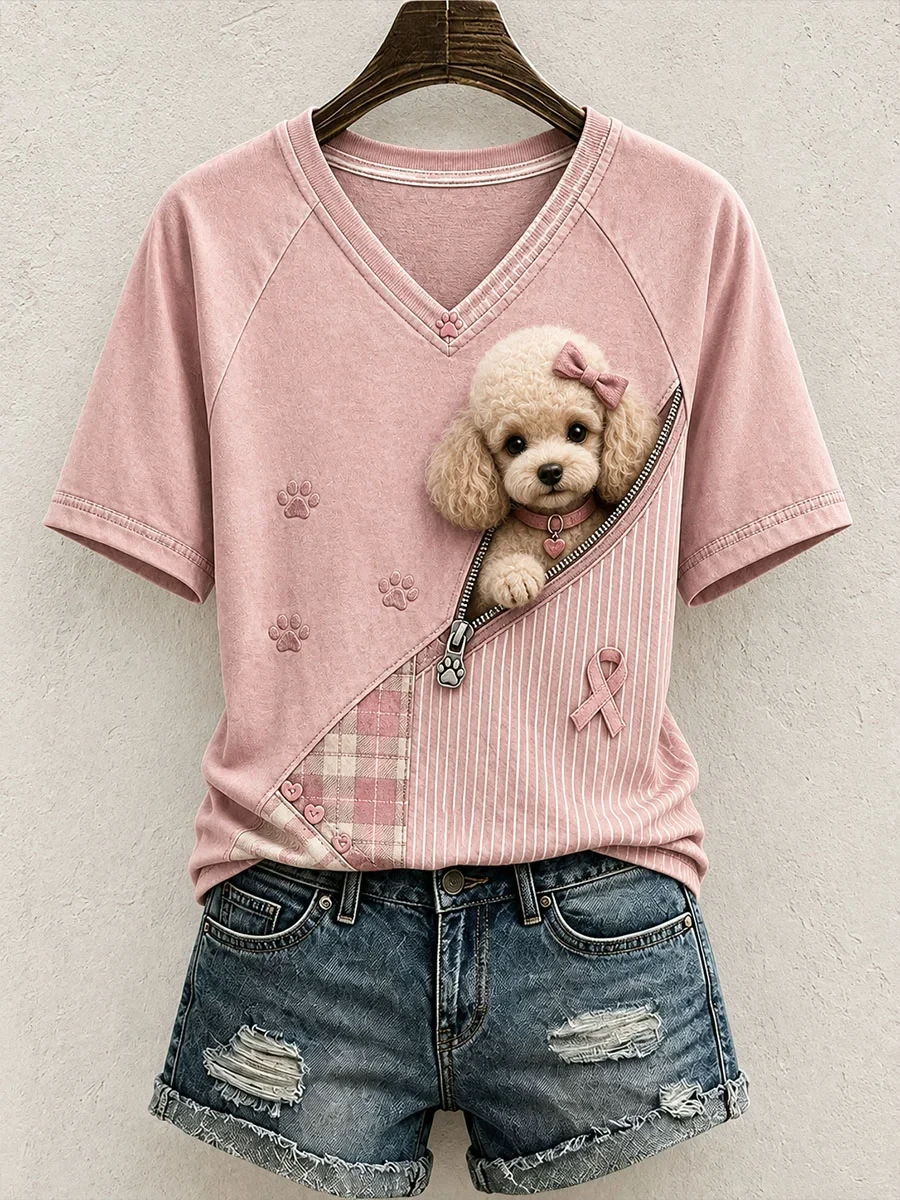 Cute Poodle Pattern Patchwork Art V-Neck Shirt Puppy In Pocket Shirt Gift For Poodle Lovers - Kdjoy
