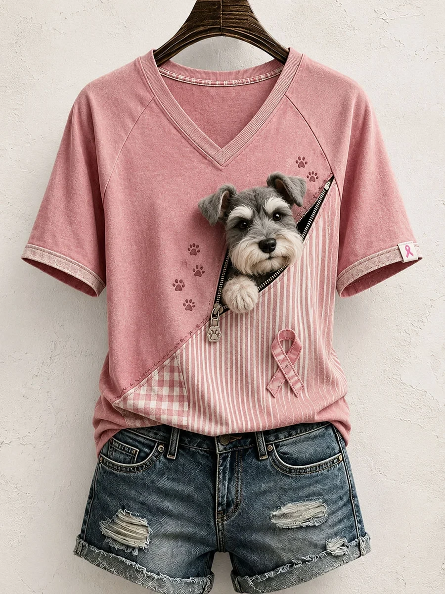 Cute Schnauzer Pattern Patchwork Art V-Neck T-Shirt Breast Cancer Awareness Apparel For Dog Mom - Kdjoy Cute Schnauzer Pattern Patchwork Art V-Neck T-Shirt Breast Cancer Awareness Apparel For Dog Mom - Kdjoy