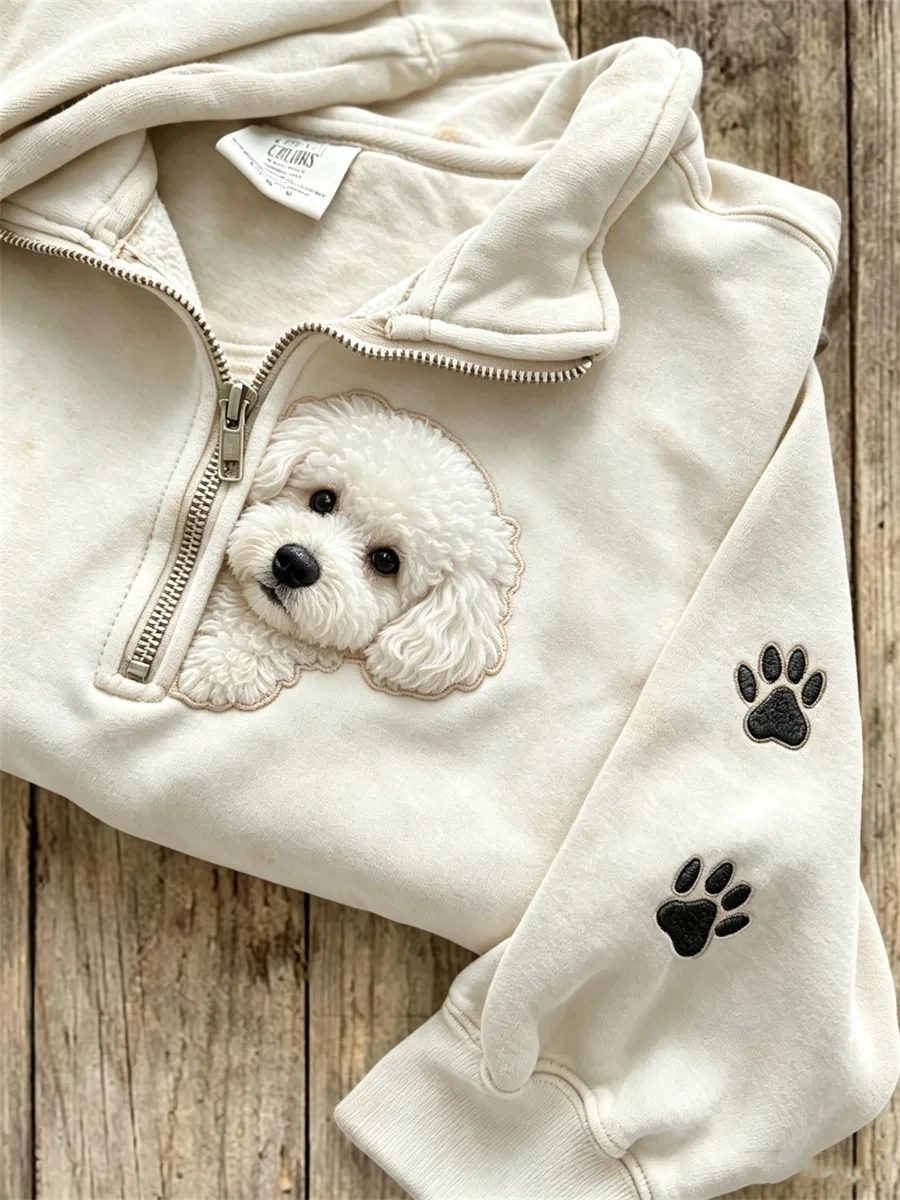 Cute White Bichon Frise Poodle Half Zip Sweatshirt Dog Paw Sleeve Clothes Gift For Her - Kdjoy