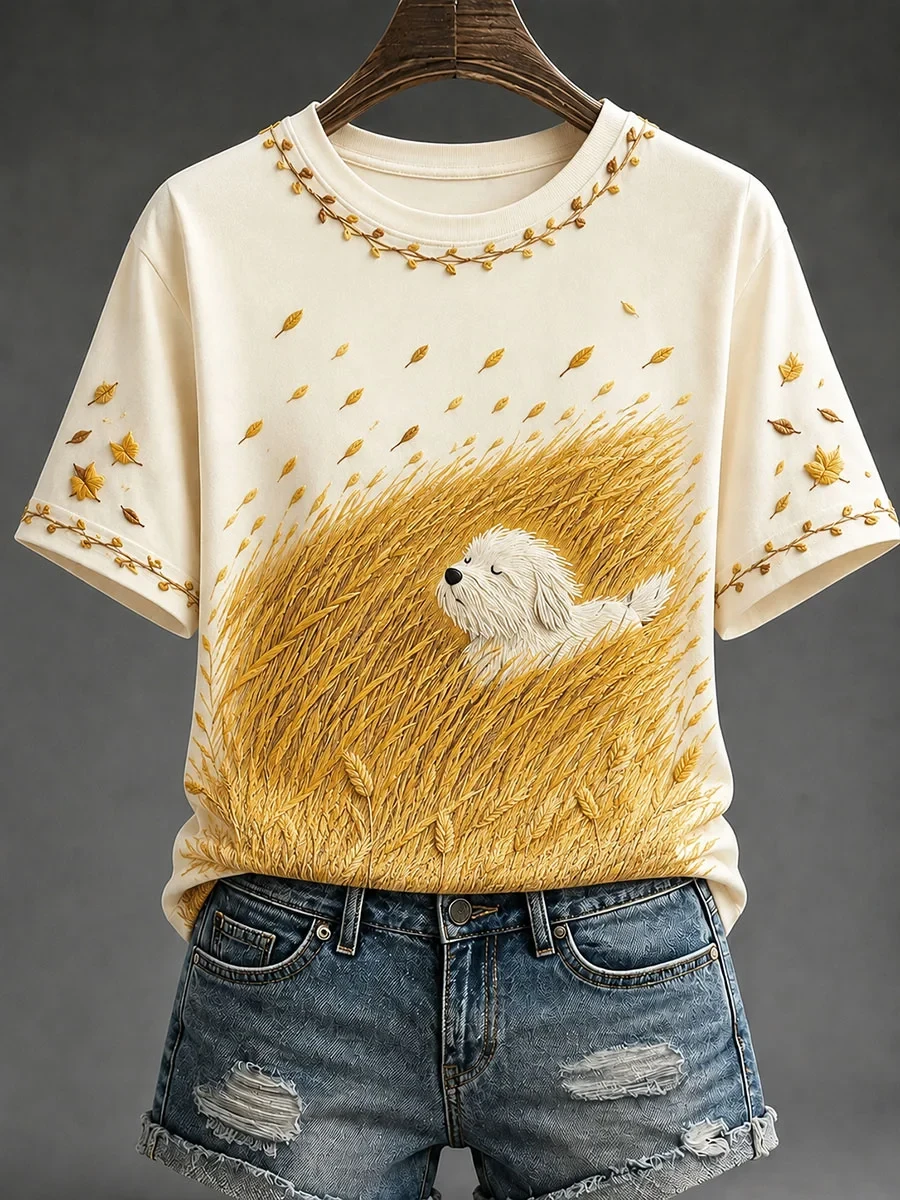 Cute White Dog In Golden Wheat Field T-Shirt Autumn Dog Tee Women Outfits - Kdjoy