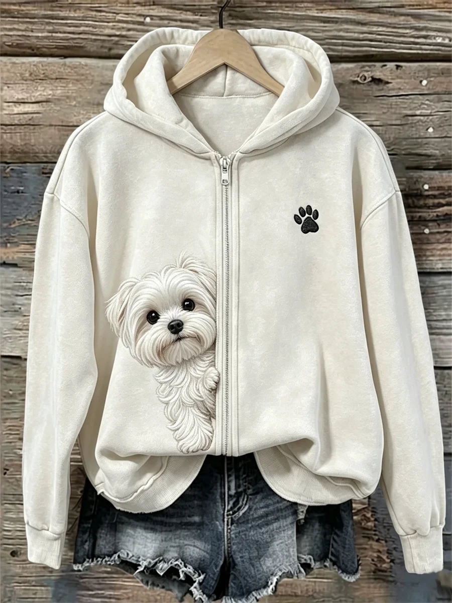 Cute White Maltese Poodle Dog Zip Hoodie Paw Lover Apparel Gift For Her - Kdjoy