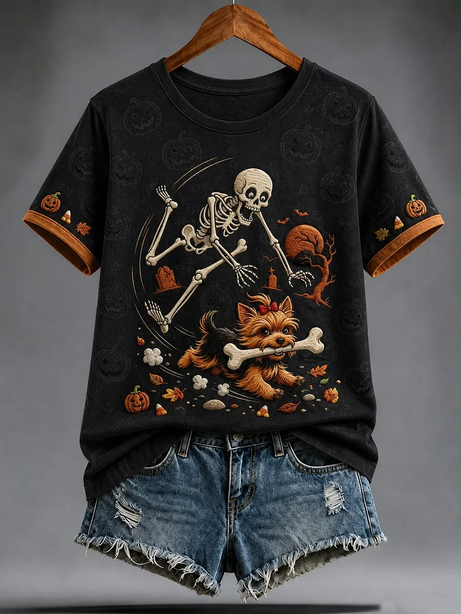 Cute Yorkie Dog Chased By Skeleton T-Shirt Halloween Spooky Merch Ideas Gift - Kdjoy