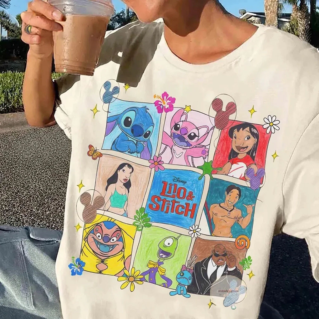 D Lilo Stitch Movie Floral T-Shirt Stitch Angel Lilo Characters Shirt Gift For Cartoon Lovers - Kdjoy